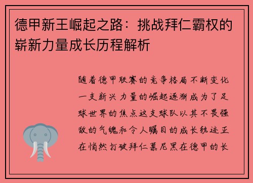 德甲新王崛起之路：挑战拜仁霸权的崭新力量成长历程解析