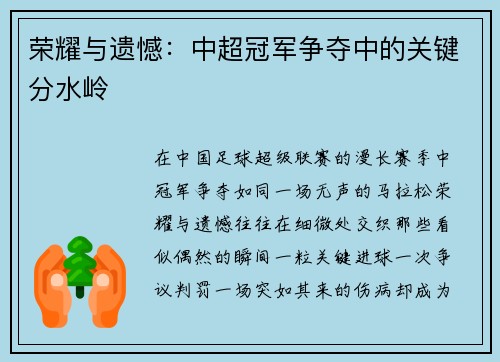 荣耀与遗憾：中超冠军争夺中的关键分水岭