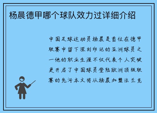 杨晨德甲哪个球队效力过详细介绍